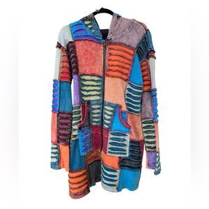 Women's 100% Cotton Hippie Patchwork Multi Color Tunic Zip Up Sweater Size XL